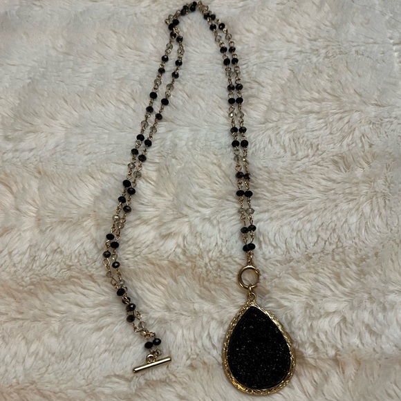 Black druzy and beaded long necklace. Very nice condition. - Picture 1 of 7